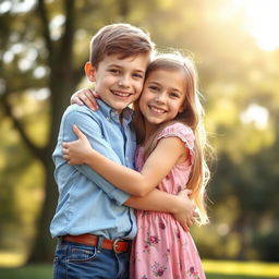 A boy and girl embracing in a warm, friendly hug against a soft blurred background of a sunny park
