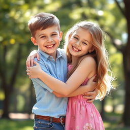 A boy and girl embracing in a warm, friendly hug against a soft blurred background of a sunny park