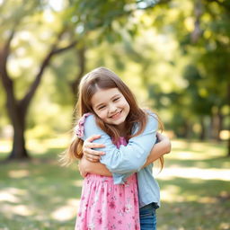 A boy and girl embracing in a warm, friendly hug against a soft blurred background of a sunny park