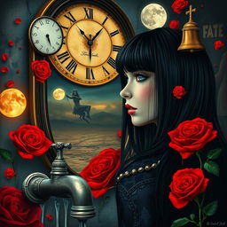 A beautiful, stunning girl with black hair and striking blue eyes gazing into a mirror in a surreal, psychedelic world inspired by Salvador Dali