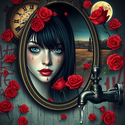 A beautiful, stunning girl with black hair and striking blue eyes gazing into a mirror in a surreal, psychedelic world inspired by Salvador Dali