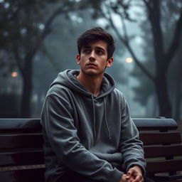 A melancholic young man sitting alone on a park bench, gazing introspectively into the distance, with a soft rain falling around him