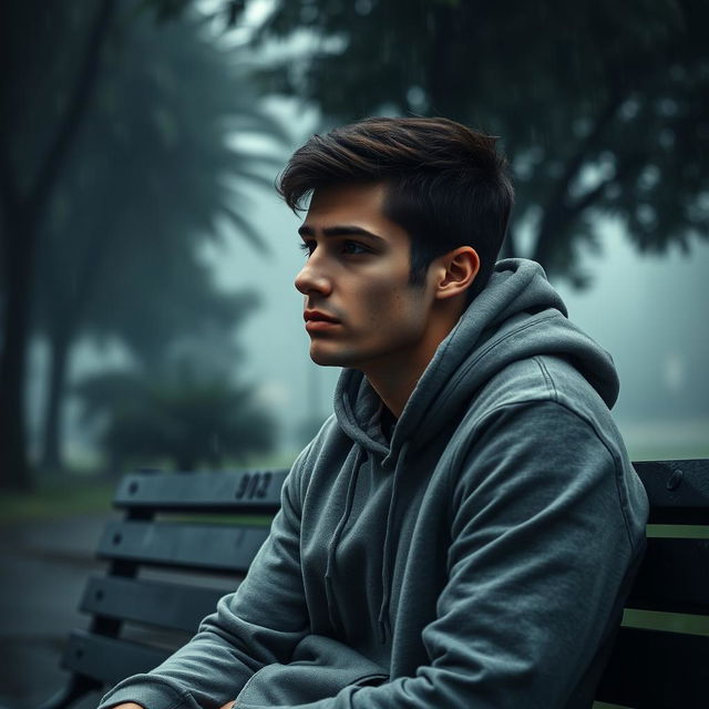 A melancholic young man sitting alone on a park bench, gazing introspectively into the distance, with a soft rain falling around him