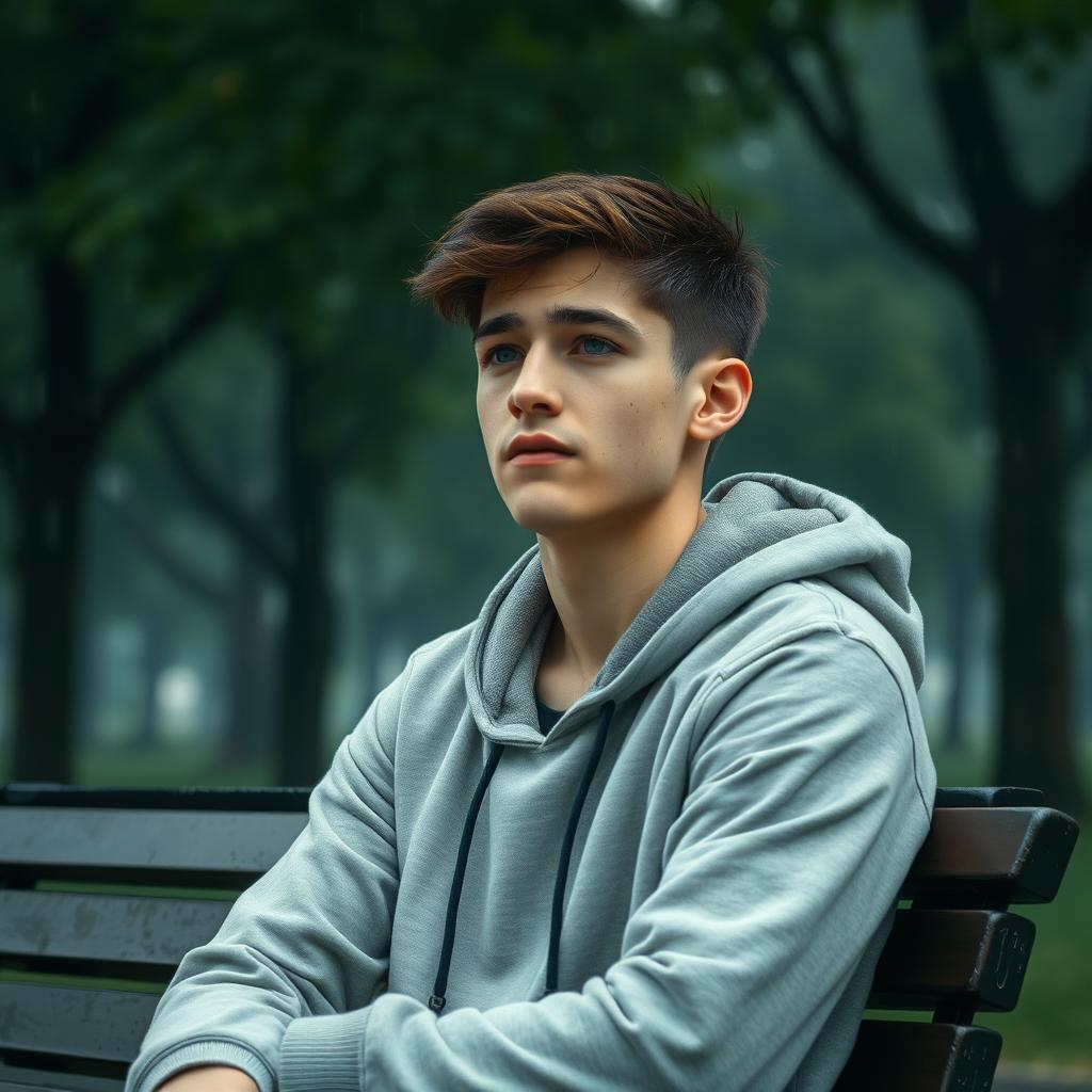 A melancholic young man sitting alone on a park bench, gazing introspectively into the distance, with a soft rain falling around him