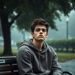 A melancholic young man sitting alone on a park bench, gazing introspectively into the distance, with a soft rain falling around him
