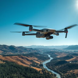 A high-tech scene featuring an advanced survey laser scanner drone flying over a vast landscape