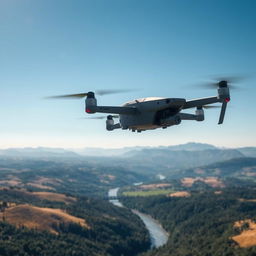 A high-tech scene featuring an advanced survey laser scanner drone flying over a vast landscape