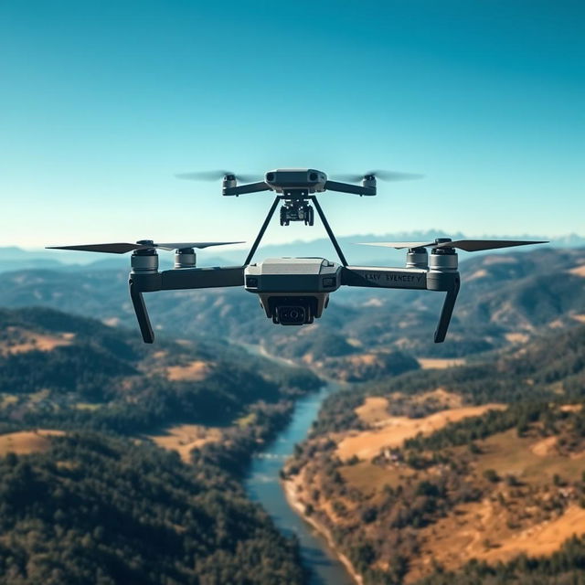 A high-tech scene featuring an advanced survey laser scanner drone flying over a vast landscape