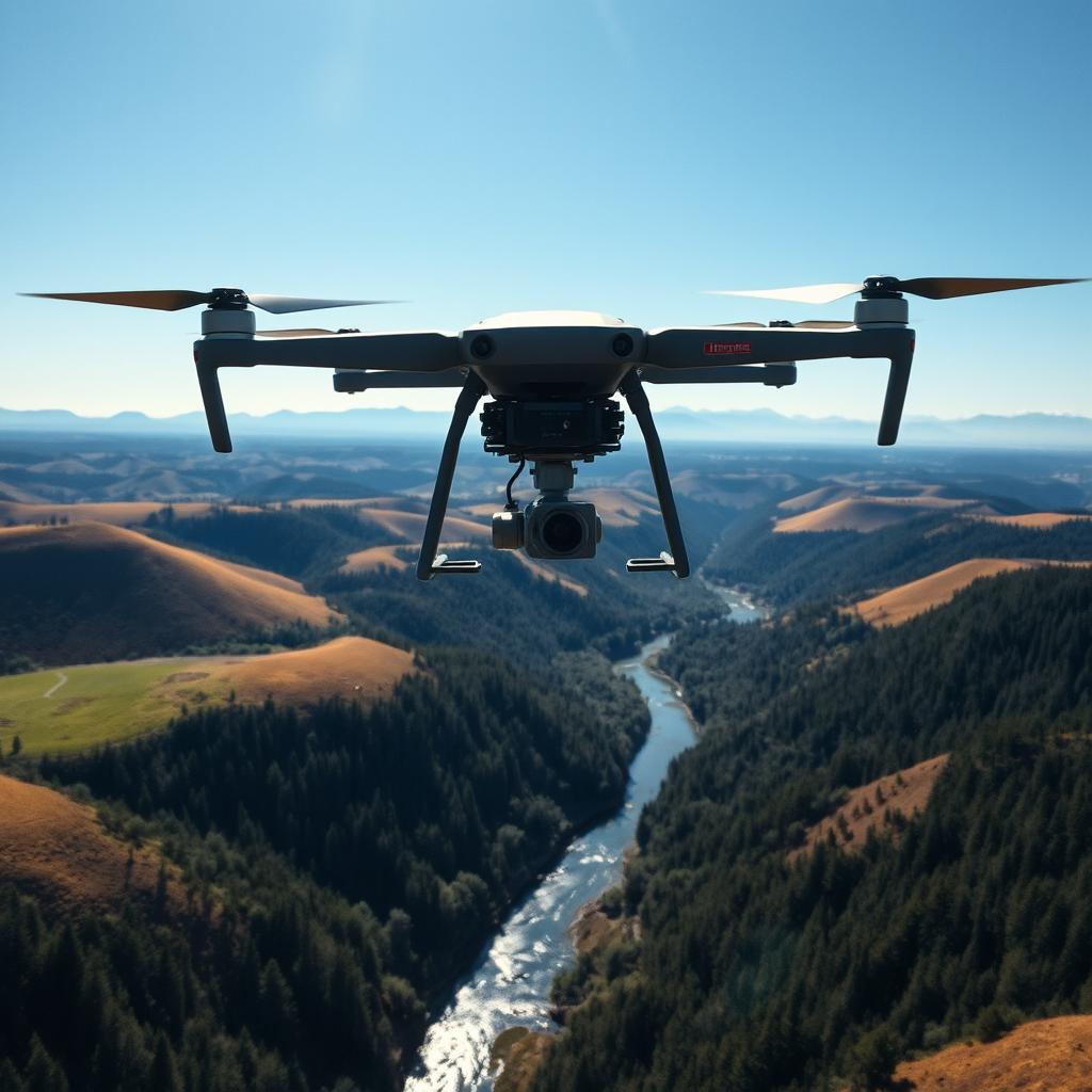 A high-tech scene featuring an advanced survey laser scanner drone flying over a vast landscape