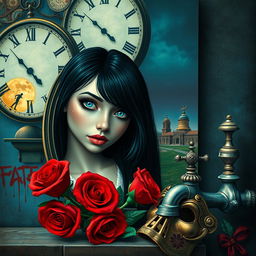 A beautiful, stunning girl with black hair and striking blue eyes gazing into a mirror in a surreal, psychedelic world reminiscent of Salvador Dali