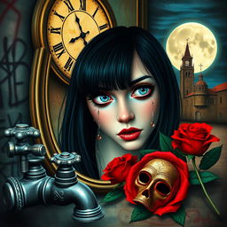A beautiful, stunning girl with black hair and striking blue eyes gazing into a mirror in a surreal, psychedelic world reminiscent of Salvador Dali