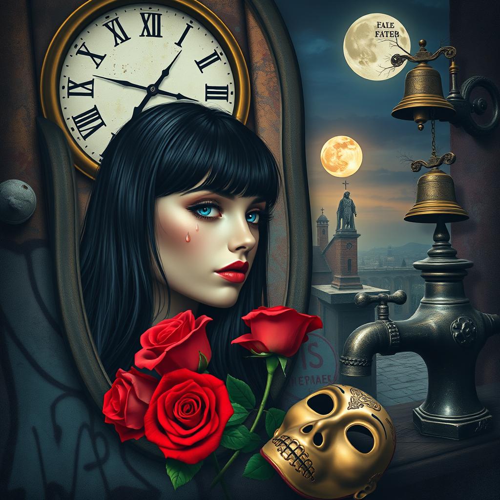 A beautiful, stunning girl with black hair and striking blue eyes gazing into a mirror in a surreal, psychedelic world reminiscent of Salvador Dali