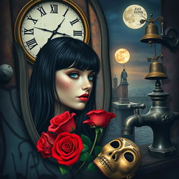 A beautiful, stunning girl with black hair and striking blue eyes gazing into a mirror in a surreal, psychedelic world reminiscent of Salvador Dali