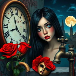A beautiful, stunning girl with black hair and striking blue eyes gazing into a mirror in a surreal, psychedelic world reminiscent of Salvador Dali
