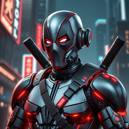 A highly detailed, futuristic depiction of a robotic version of Deadpool