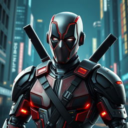 A highly detailed, futuristic depiction of a robotic version of Deadpool