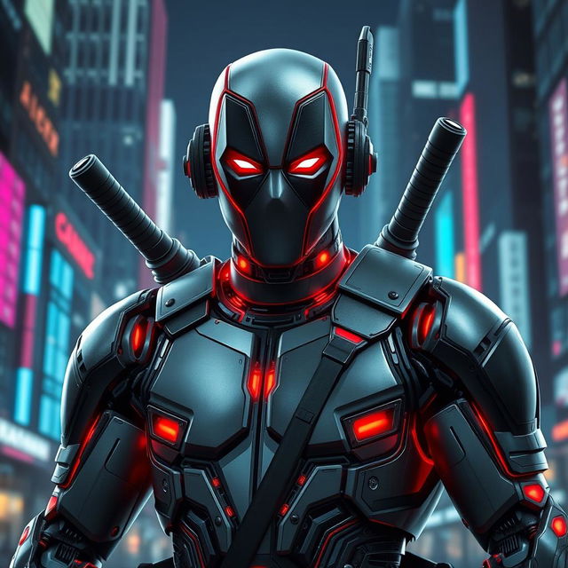 A highly detailed, futuristic depiction of a robotic version of Deadpool