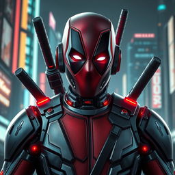 A highly detailed, futuristic depiction of a robotic version of Deadpool