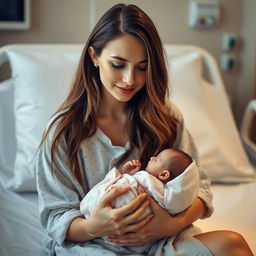 A thoughtful young woman sitting on a hospital bed, gently holding a small, swaddled baby in her arms