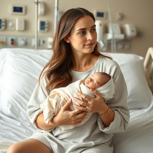 A thoughtful young woman sitting on a hospital bed, gently holding a small, swaddled baby in her arms