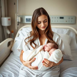 A thoughtful young woman sitting on a hospital bed, gently holding a small, swaddled baby in her arms