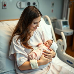 A thoughtful young woman sitting on a hospital bed, gently holding a small, swaddled baby in her arms