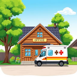 A charming illustration of a village office building, featuring a quaint architecture with a wooden façade and a welcoming entrance