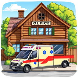 A charming illustration of a village office building, featuring a quaint architecture with a wooden façade and a welcoming entrance