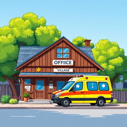 A charming illustration of a village office building, featuring a quaint architecture with a wooden façade and a welcoming entrance