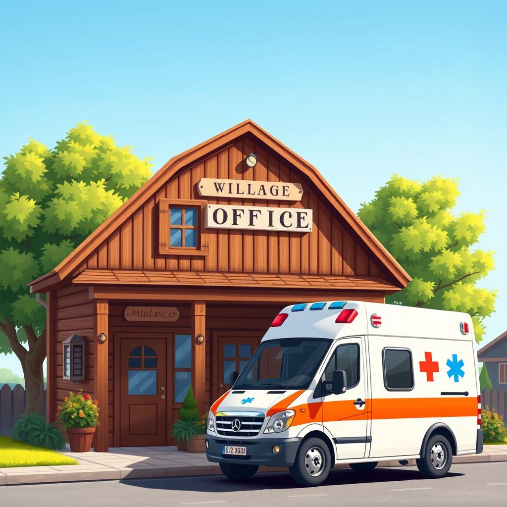 A charming illustration of a village office building, featuring a quaint architecture with a wooden façade and a welcoming entrance