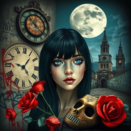A beautiful, stunning girl with black hair and striking blue eyes gazing into a mirror in a surreal, psychedelic world inspired by Salvador Dali