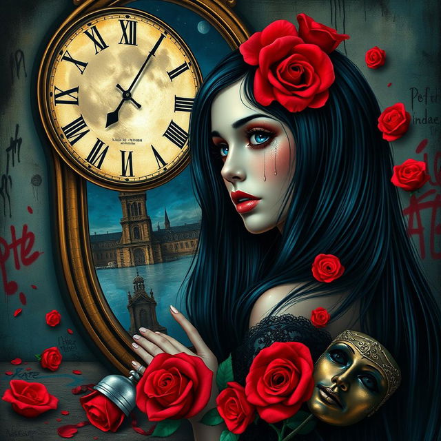 A beautiful, stunning girl with black hair and striking blue eyes gazing into a mirror in a surreal, psychedelic world inspired by Salvador Dali