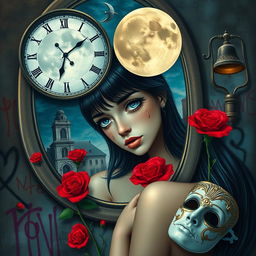 A beautiful, stunning girl with black hair and striking blue eyes gazing into a mirror in a surreal, psychedelic world inspired by Salvador Dali