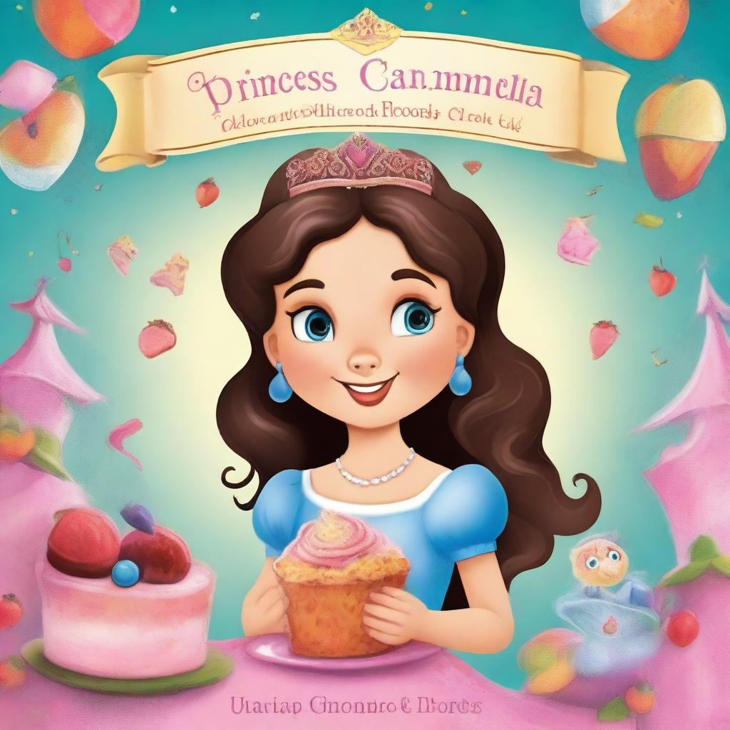 A high-quality, digital art cover for a children's book titled 'Princess Caramelia and the Bitter Cake'