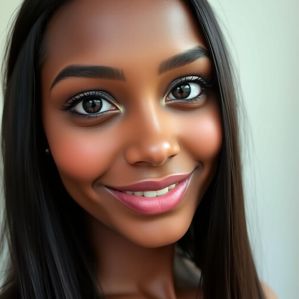 A portrait of a beautiful woman with a fair complexion and dark skin tone