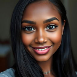 A portrait of a beautiful woman with a fair complexion and dark skin tone