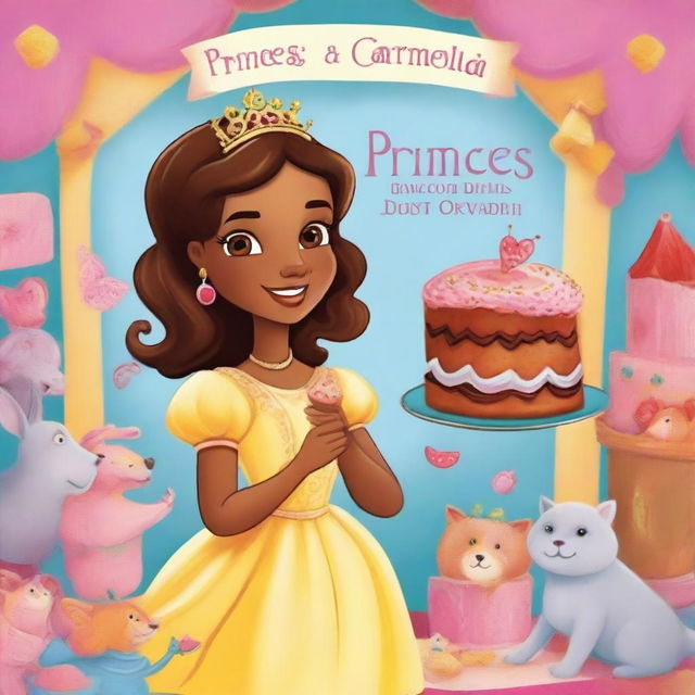 A high-quality, digital art cover for a children's book titled 'Princess Caramelia and the Bitter Cake'