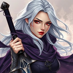 A stunning illustration in manhwa style depicting a beautiful woman in her 30s with flowing white silver hair and striking red eyes