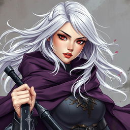 A stunning illustration in manhwa style depicting a beautiful woman in her 30s with flowing white silver hair and striking red eyes