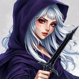 A stunning illustration in manhwa style depicting a beautiful woman in her 30s with flowing white silver hair and striking red eyes