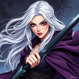 A stunning illustration in manhwa style depicting a beautiful woman in her 30s with flowing white silver hair and striking red eyes
