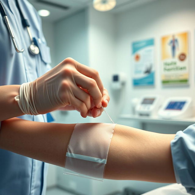 A close-up, detailed image of a medical scene featuring a healthcare professional gently inserting a catheter or IV line into a patient's arm