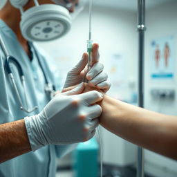 A close-up, detailed image of a medical scene featuring a healthcare professional gently inserting a catheter or IV line into a patient's arm