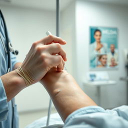 A close-up, detailed image of a medical scene featuring a healthcare professional gently inserting a catheter or IV line into a patient's arm