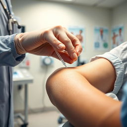 A close-up, detailed image of a medical scene featuring a healthcare professional gently inserting a catheter or IV line into a patient's arm