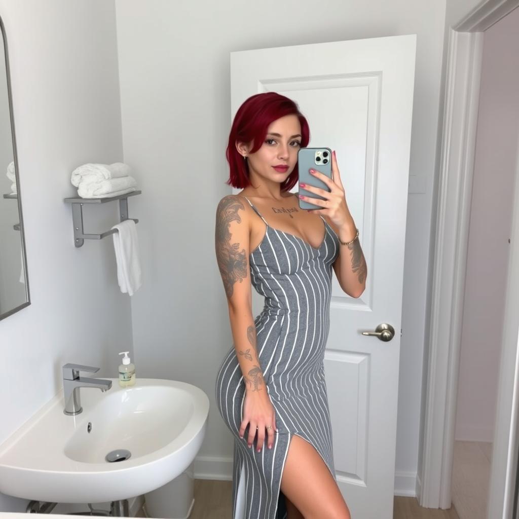 A mirror selfie of a young woman in a stylish bathroom