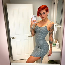 A mirror selfie of a young woman in a stylish bathroom