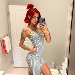 A mirror selfie of a young woman in a stylish bathroom