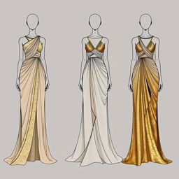 Fashion sketches of four flowing maxi dresses influenced by Greco-Roman drapery, showcasing elegant asymmetrical cuts