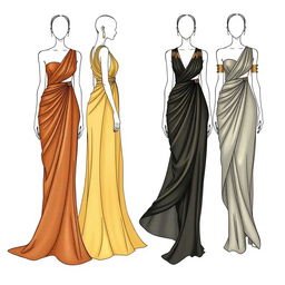 Fashion sketches of four flowing maxi dresses influenced by Greco-Roman drapery, showcasing elegant asymmetrical cuts